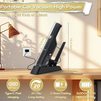Handheld Vacuum Cordless, 15KPA High Power Suction, USB Quick Charge, Car Vacuum Cleaner with Storage Dock, Lightweight Recharge